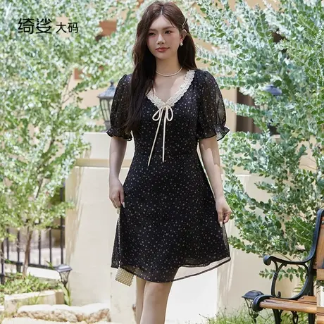 绮娑大码女装连衣裙夏新款雪纺碎花短袖A字收腰显瘦胖MM边衣裙商品大图
