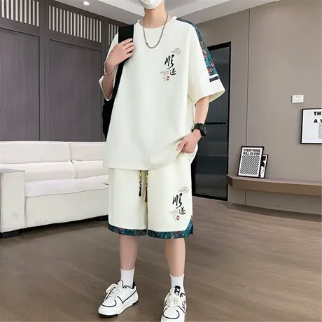 2025夏季新款男士休闲套装学生国风潮流宽松短袖短裤大童两件套潮图片