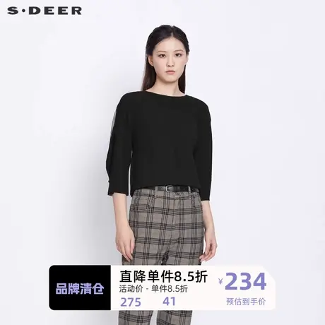 S·DEER圣迪奥女装优雅圆领网纱拼接七分袖黑色毛衣S21383505图片