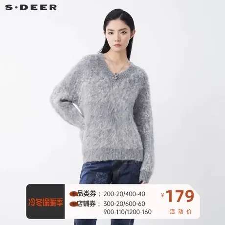 sdeer圣迪奥女装休闲罗纹V领宽松长袖针织衫S21463573图片