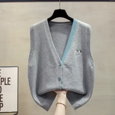 开衫v领针织马甲背心女2025春秋新款宽松外穿马夹拼色毛衣坎肩潮商品大图