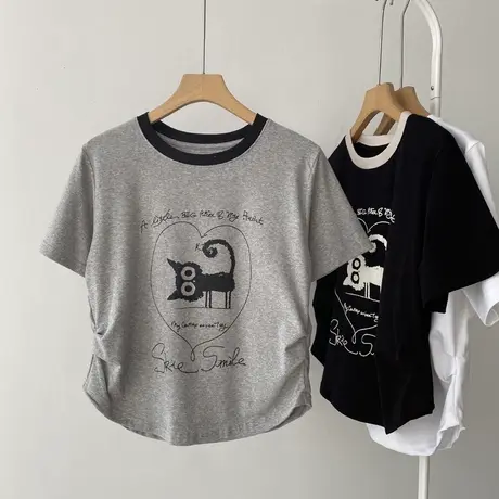 撞色圆领正肩短袖T恤女夏季韩版宽松显瘦短款内搭打底衫褶皱上衣商品大图