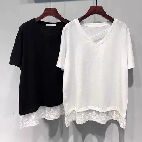 蕾丝花边拼接下摆短袖T恤女夏季宽松韩版设计感小众V领半袖上衣潮图片