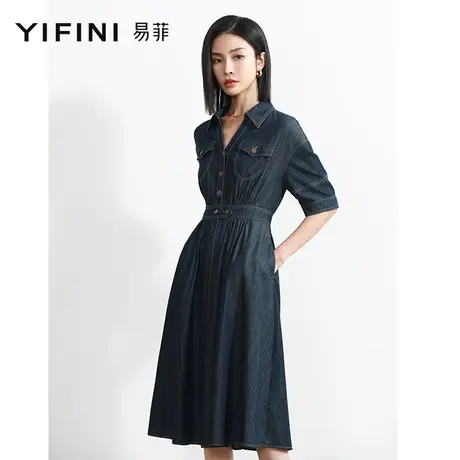 Yifini/易菲丹宁中长款牛仔连衣裙女中袖收腰显瘦衬衫裙夏季新款图片