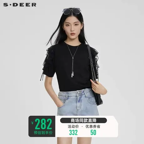 sdeer圣迪奥女夏装圆领设计感露肩系带黑色网纱短袖T恤S23280108🌿商品大图