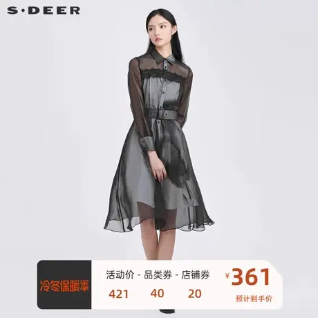 sdeer圣迪奥女装翻领蕾丝拼接不规则连衣裙S22161203图片