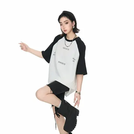 2025新款撞色拼接短袖T恤女夏季潮牌街头风宽松印花潮流半袖上衣商品大图
