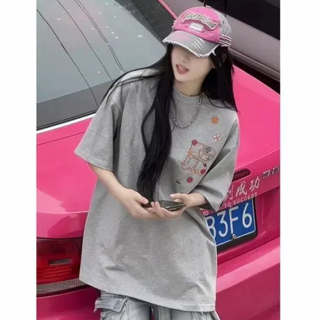 美式复古重磅夏季灰色短袖t恤女大版设计感宽松中长款遮屁股上衣商品大图