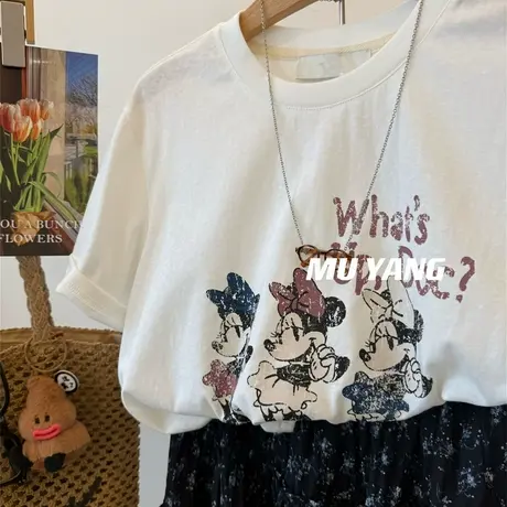 三个米妮 印花休闲短袖T恤女2025夏季韩系卡通趣味百搭雪花棉上衣图片