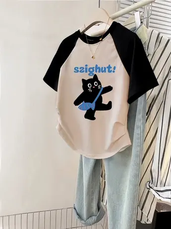 chic日系设计感T恤女修身短款短袖ins潮复古风插肩袖拼色学生上衣商品大图