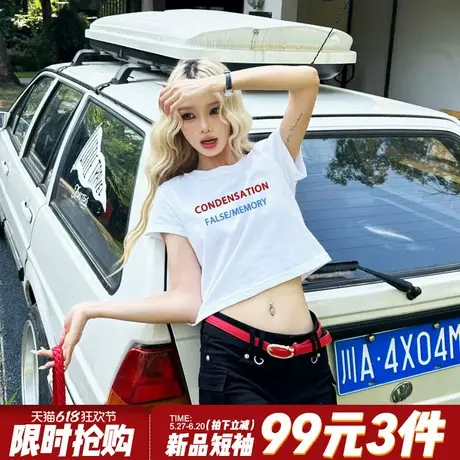 美式辣妹风字母印花白色短袖t恤女夏季新款宽松显瘦露脐半袖上衣商品大图