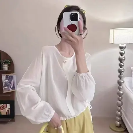 2025春夏新款文艺圆领套头显瘦防晒上衣抽绳衬衫女式长袖百搭衬衣商品大图