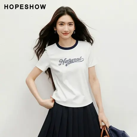 红袖2025秋季新款女装撞色蕾丝字母刺绣正肩短袖圆领套头T恤图片