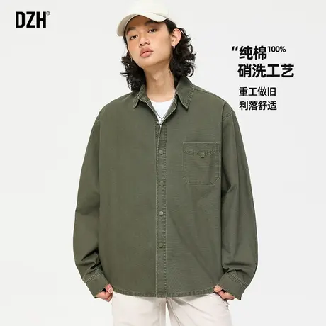青少年绿色工装衬衫外套男春季2025新款开衫外搭纯棉男款衬衣长袖商品大图