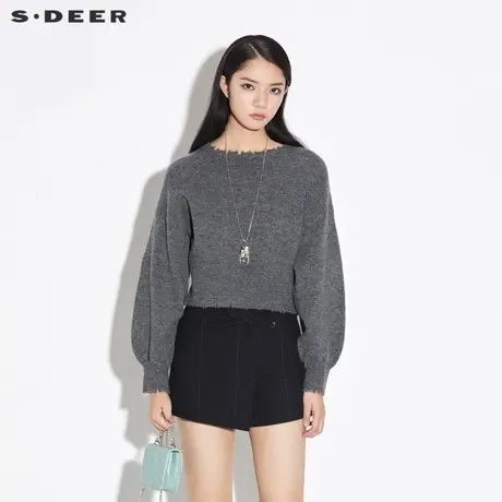 sdeer圣迪奥春装罗纹圆领不规则泡泡袖针织衫女S21363521图片