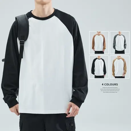 hansca 305g高密精梳纯棉重磅插肩袖长袖t恤男2025春秋内搭打底衫图片