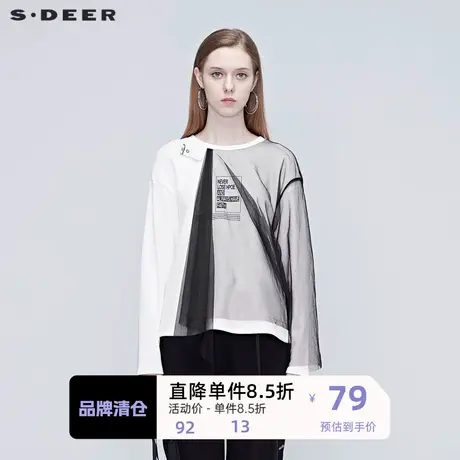 sdeer圣迪奥女装秋季上衣短款休闲圆领网纱拼接长袖T恤S20380222图片