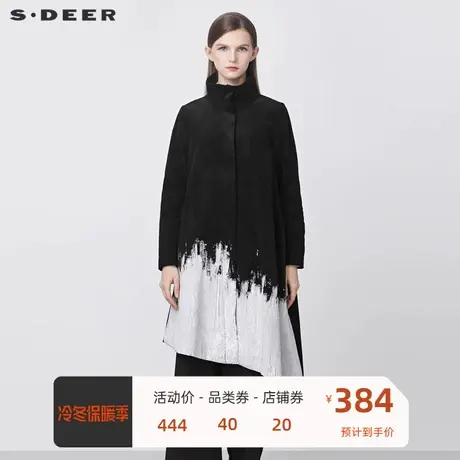 sdeer圣迪奥女装时尚高领设计感撞色印花A字灯芯绒大衣S21481704图片