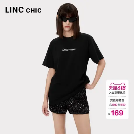 LINCCHIC金羽杰圆领短袖女T恤夏宽松廓形落肩印花T恤女S243TS524Y商品大图
