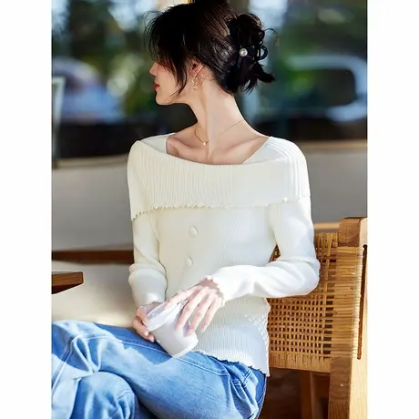 时尚气质毛衣2025年春季新款女温柔百搭知性一字肩修身纯色上衣图片