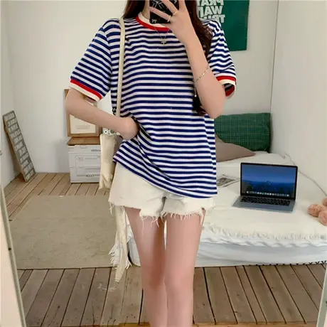 春夏季新款T恤女2025拼色条纹卡通印花趣味减龄直筒显瘦短袖潮商品大图
