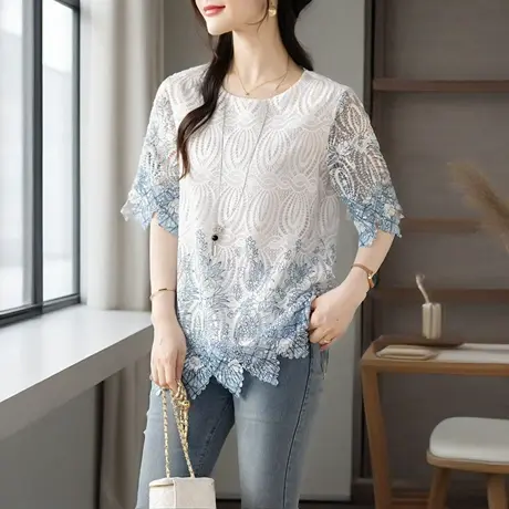 欧美风女装短袖t恤女2025年夏季新款宽松胖MM中长款女士蕾丝小衫图片