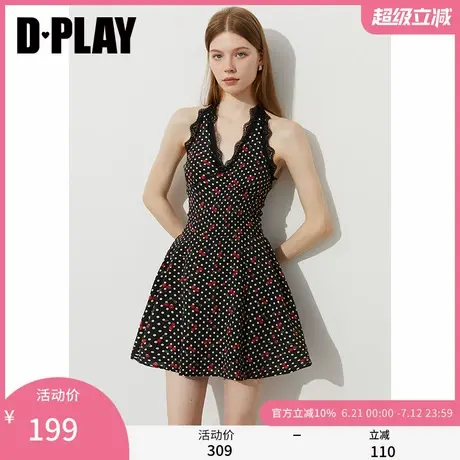 DPLAY2025年夏季新款黑色连衣裙女修身短款海边度假挂脖裙子短裙图片