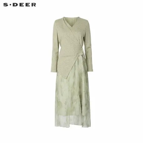 sdeer圣迪奥女装优雅V领收腰印花欧根纱连衣裙S244Z1215商品大图
