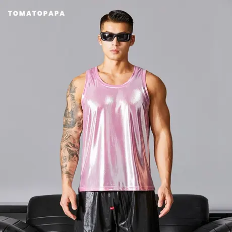 TOMATOPAPA夏季背心潮流高弹仿皮柔软时尚休闲百搭运动健身无袖衫图片