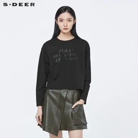 sdeer圣迪奥2022春新品时尚圆领字母开衩不规则黑色T恤S22180203💞商品大图