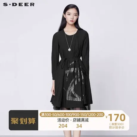 sdeer圣迪奥女装时尚圆领撞色印花网纱拼接长袖连衣裙S21381213商品大图