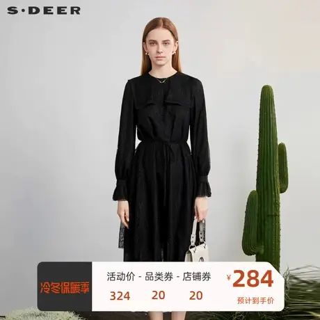 sdeer圣迪奥女装圆领蕾丝收腰网纱拼接连衣裙S231Z1277🥇商品大图