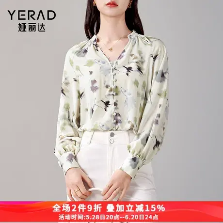 娅丽达今年流行碎花缎面长袖衬衫女2025春装新款国风宽松雪纺衬衣商品大图