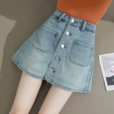牛仔短裤裙女夏季薄款高腰阔腿假两件防走光a字排扣包臀半身短裙图片