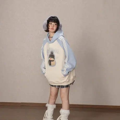 YEP卡通印花连帽卫衣女早秋新款拼色插肩袖帽衫宽松美式套头外套商品大图