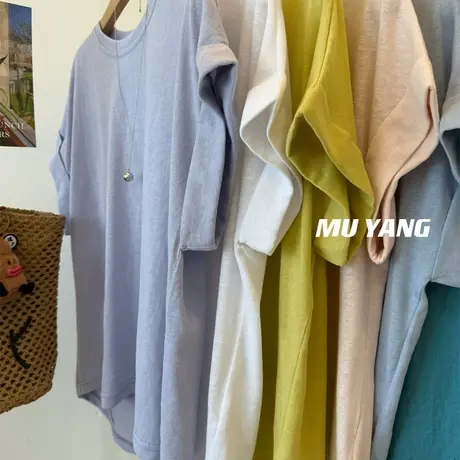 推荐入！极简慵懒卷袖前短后长棉麻短袖T恤女后装饰扣设计感上衣商品大图