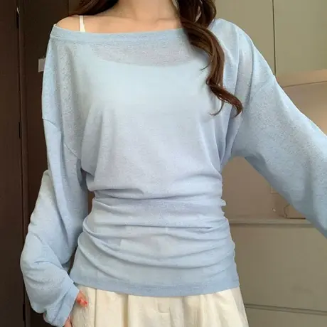 夏季薄款微透长袖防晒衫女韩版宽松外搭空调罩衫收腰露肩T恤上衣商品大图