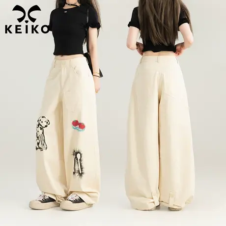 KEIKO 美式高街涂鸦印花休闲裤女25夏季复古高腰宽松显瘦阔腿长裤图片
