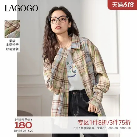 LAGOGO纯棉宽松格子衬衫女拉谷谷2025年春夏新款复古休闲长袖上衣商品大图