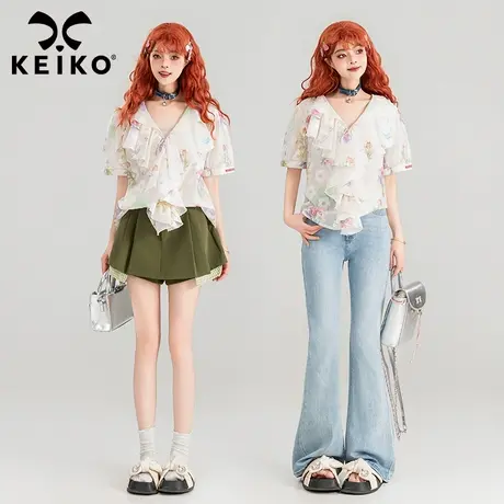 KEIKO  法式别致荷叶边短袖上衣女夏季洋气显瘦V领碎花轻薄款衬衫商品大图