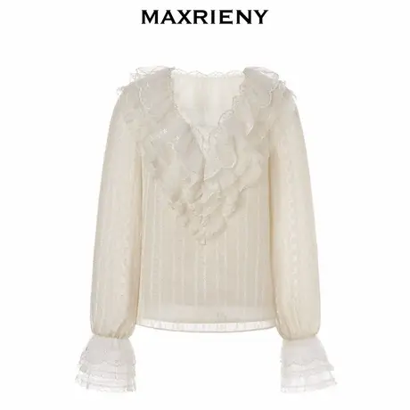 【奥莱】MAXRIENY浪漫荷叶边v领蕾丝雪纺衫上衣女图片