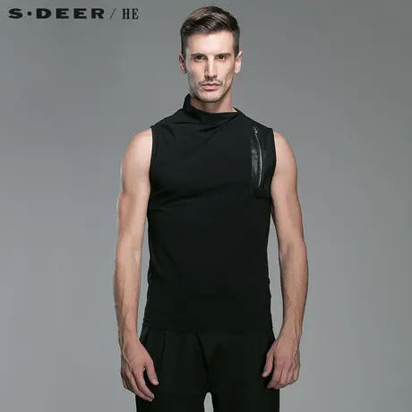 S.Deer/He【惠】 圣迪奥纯色拼皮背心男士无袖T恤H14270342图片