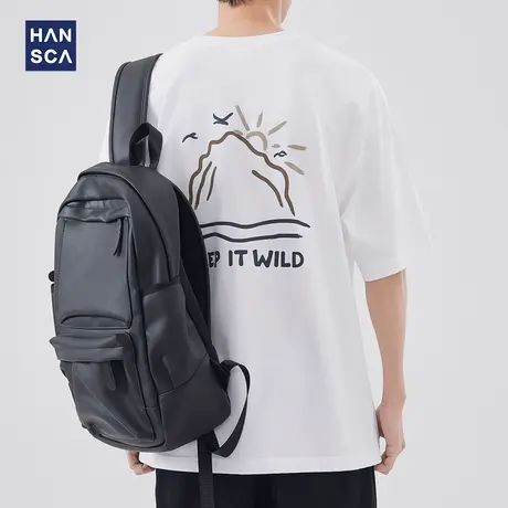 hansca 刺绣圆领短袖T恤男夏季新款日系港风复古户外宽松休闲上衣商品大图