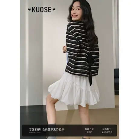 阔色黑白条纹蝴蝶结短袖T恤25年夏季新款女设计感宽松上衣短款商品大图