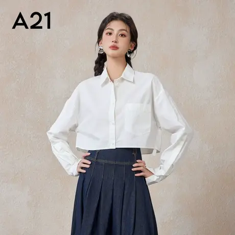 A21女装梭织宽松翻领落肩长袖衬衫春秋季简约百搭纯色大口袋衬衣商品大图