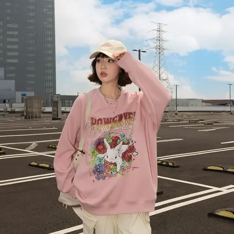 YEP复古插肩袖圆领卫衣女春秋2025年新款印花脏粉色宽松无帽上衣图片