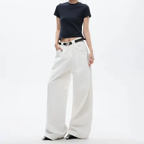 美式复古工装风阔腿牛仔裤女2025夏季新款宽松休闲情侣款弯刀长裤商品大图
