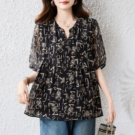 雪纺衫女短袖夏季新款加大码女装宽松中年胖妈妈遮肚清爽透气小衫图片