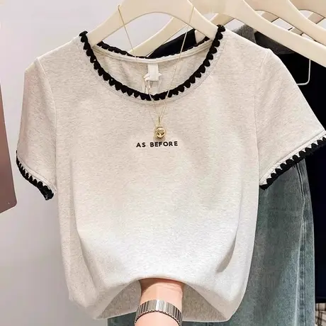 刺绣正肩纯棉短袖t恤女夏季宽松显瘦设计感小众独特别致拼接上衣图片