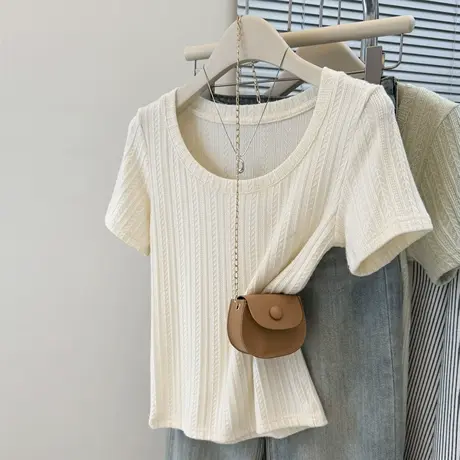 chic甜辣纯欲风正肩U领露锁骨短袖T恤女夏装修身韩版短款上衣体恤商品大图